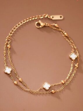 355. 18k Gold Plated Stainless steel Double Strand Clover bracelet White Accents